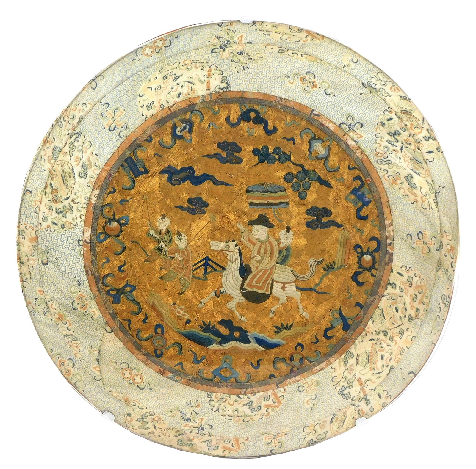 ASIAN: Chinese embroidered silk, round, Qing Dynasty, center decorated in silk and gold metallic (1 of 2)