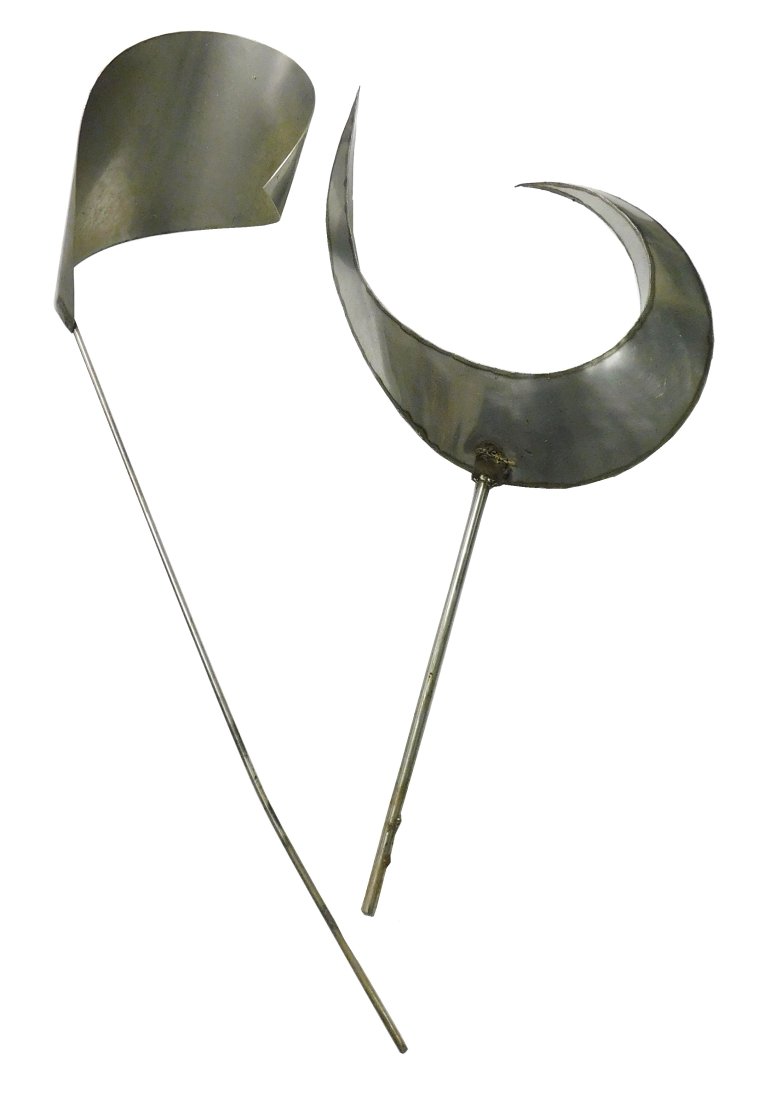 +Morton Fishman (American, 1936 - 2018), two crescent form sculptures on rod, aluminum/ stainless (1 of 2)