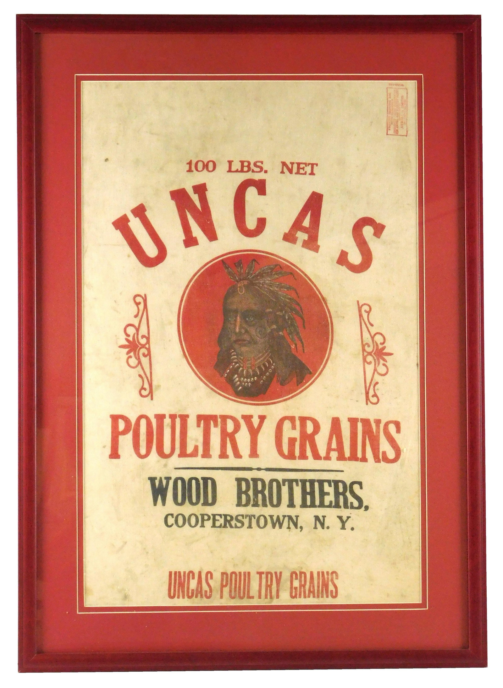 Wood Brothers grain bag, Cooperstown, NY, red / black on white, "Uncas Poultry Grains, with image of (1 of 3)