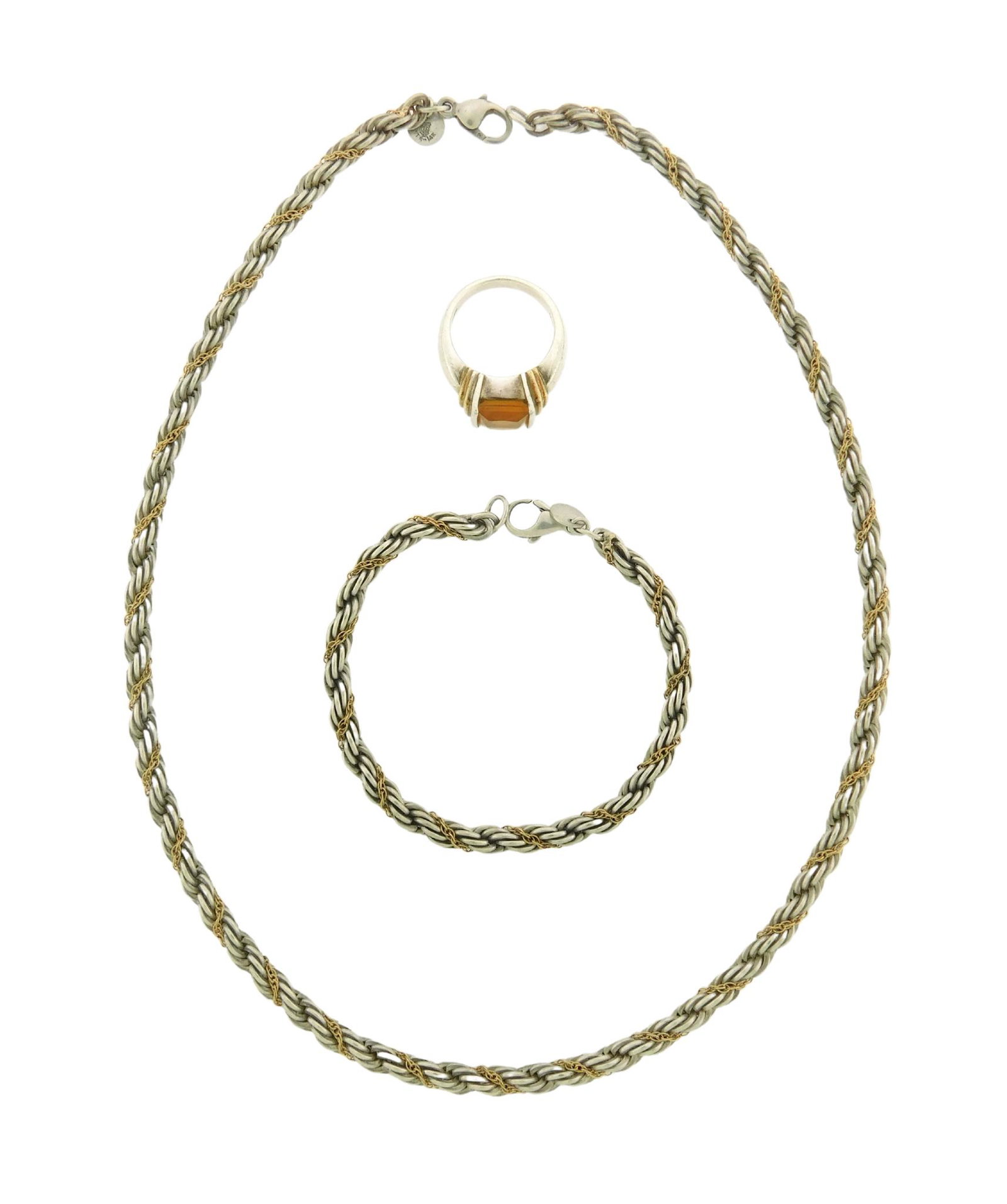 JEWELRY: Three silver and gold items: sterling silver rope chain bracelet and necklace entwined with (1 of 3)