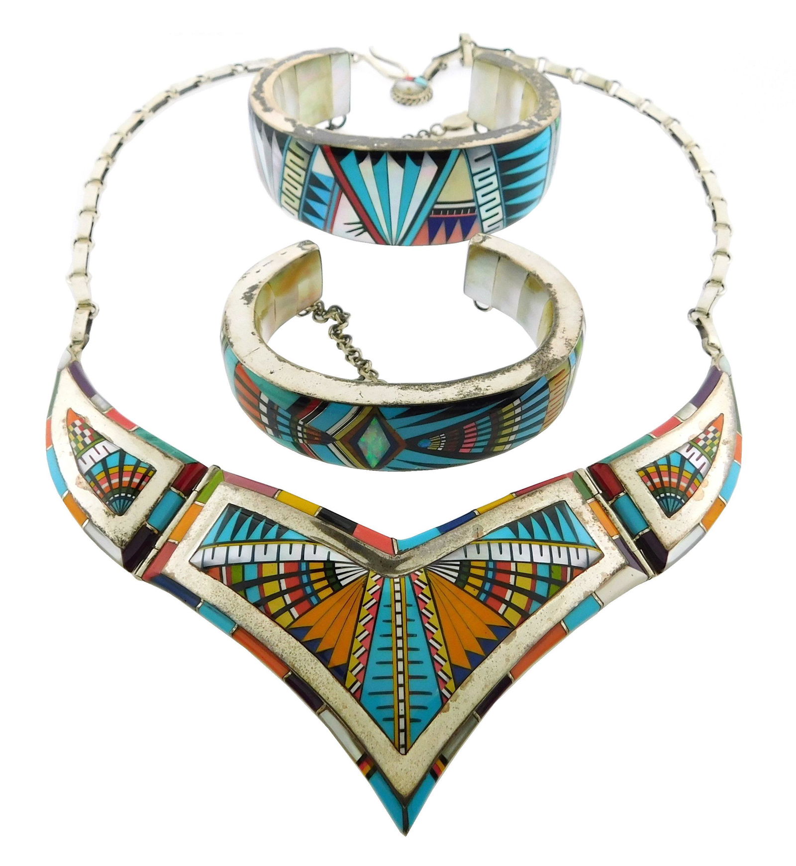 JEWELRY: Three sterling and Zuni style inlaid pieces, all handcrafted and artist signed "RG", one (1 of 8)