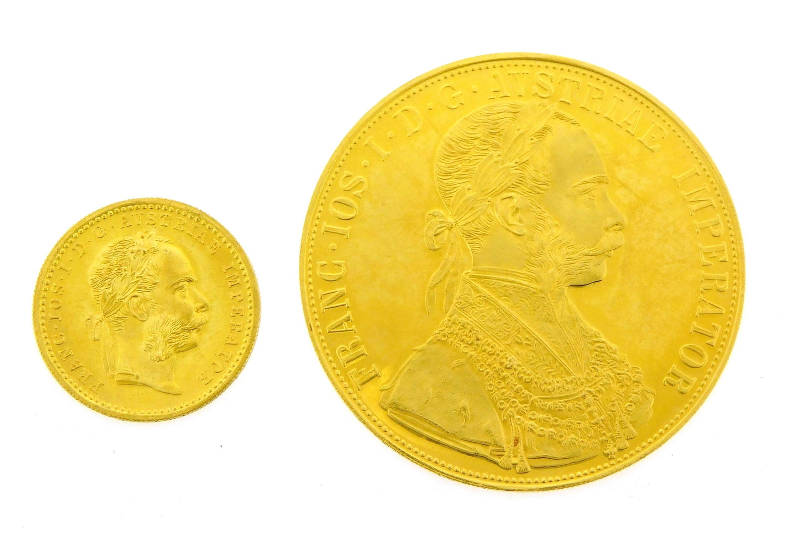 COINS: Lot of two Austrian gold coins, both are dated 1915, but are restrikes, one 1 ducat, and one (1 of 2)