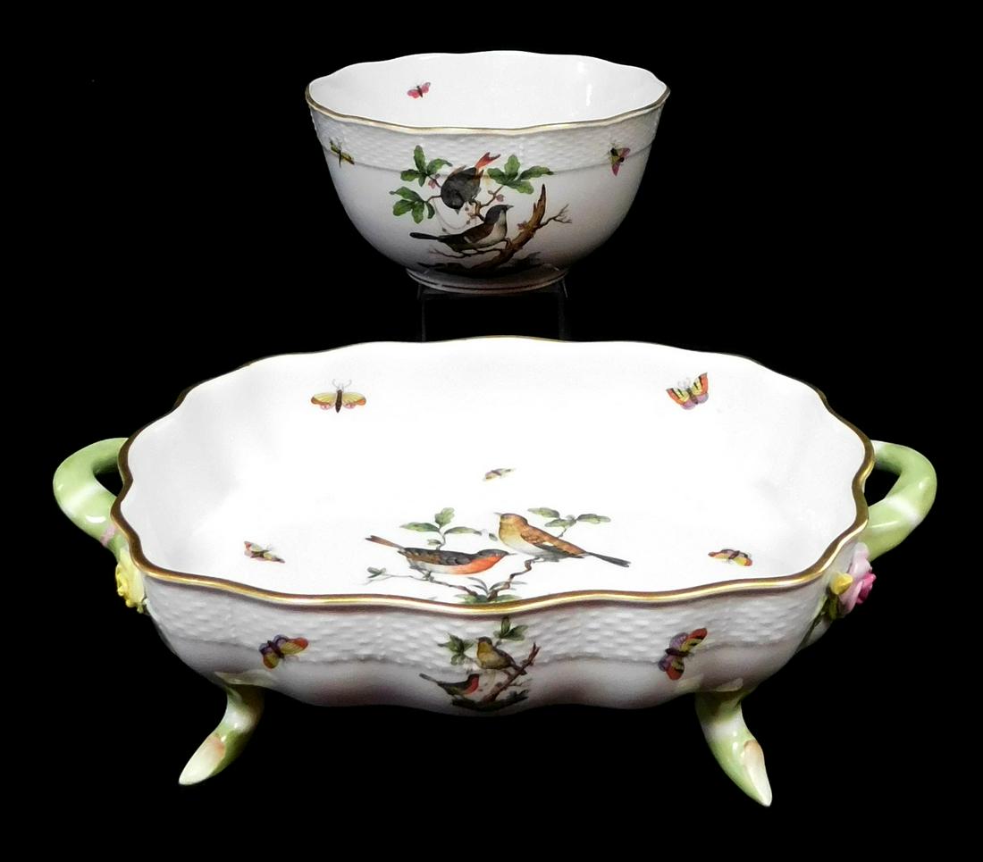 Herend four-footed serving bowl and vegetable serving bowl, Hungarian, hand painted porcelain, (1 of 6)