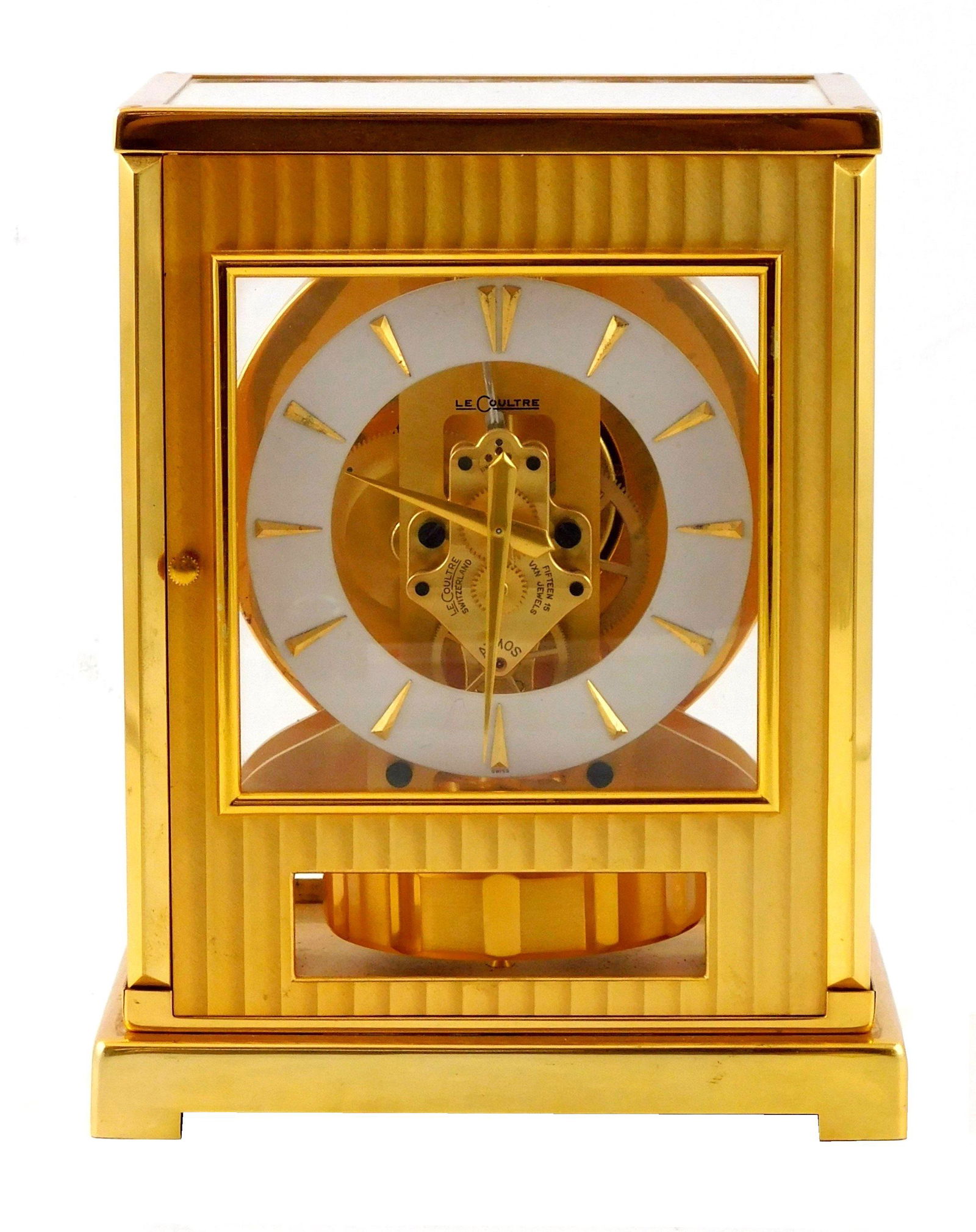 LeCoultre Atmos clock, brass and glass cased, c. 1950â€™s, open works, white face with gilt metal (1 of 5)