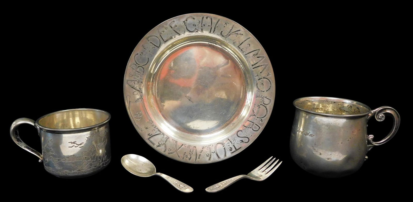 STERLING: Five children's dinner items, four pieces by International Sterling, including a fork and (1 of 4)