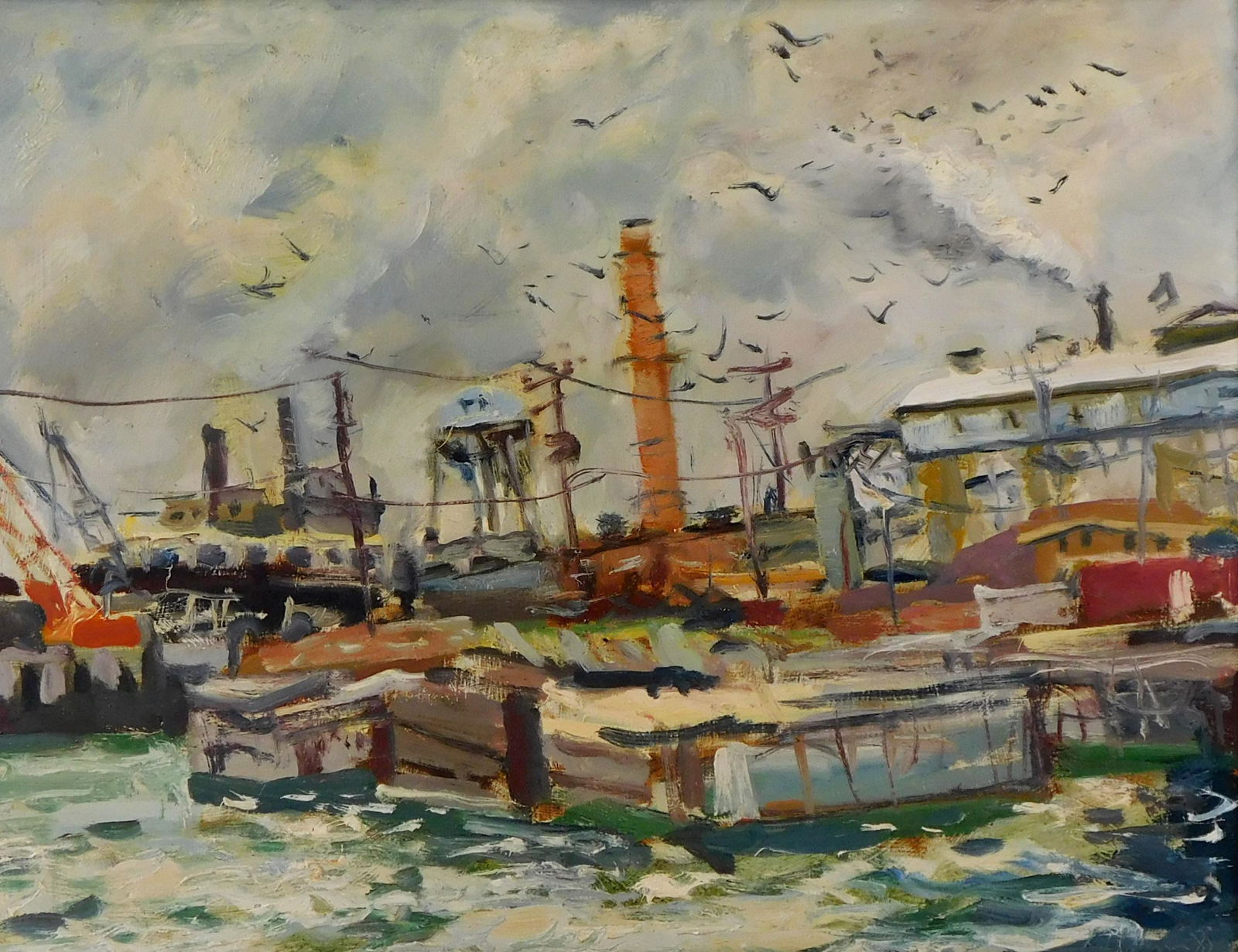 Raoul F. Middleman (American, b. 1935) oil on board, marine scene, likely Baltimore Harbor, gray sky (1 of 3)