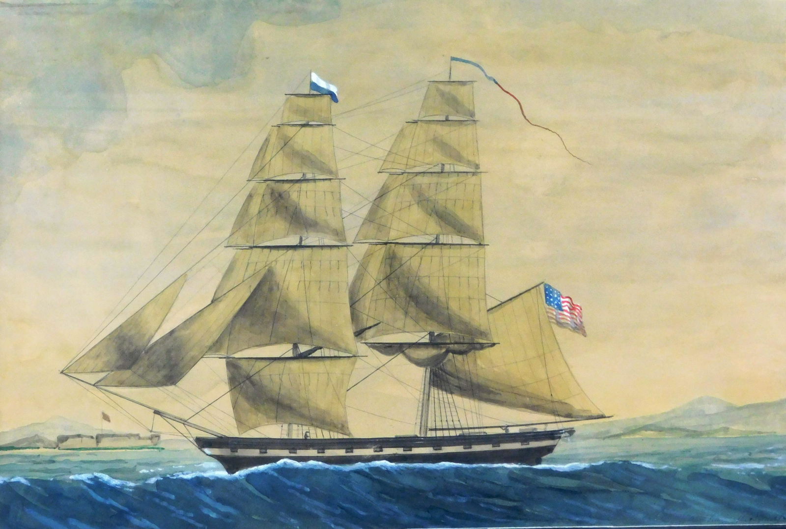 20th C. watercolor and gouache of two masted ship flying American flag, all sails full as it treads: 20th C. watercolor and gouache of two masted ship flying American flag, all sails full as it treads choppy waters, indistinctly signed with "after original" inscribed lower right, wear consistent with