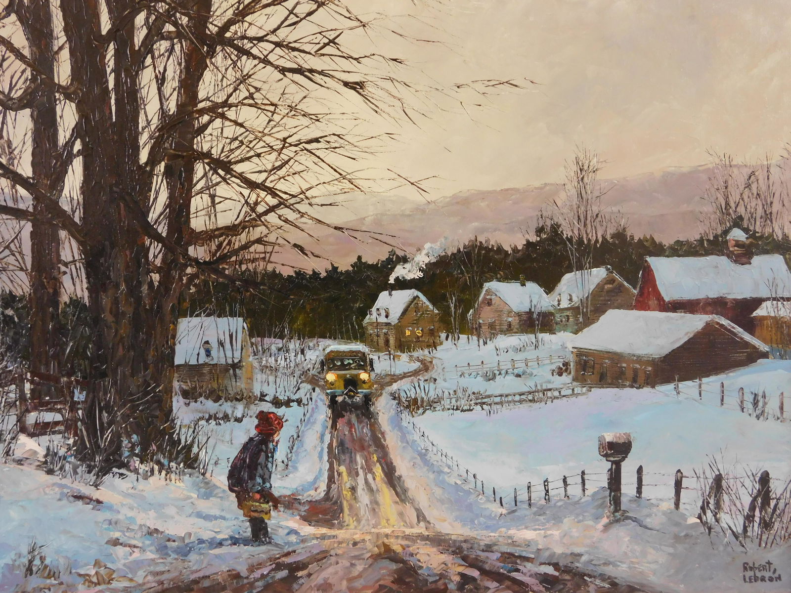 Robert Lebron (American, 1928-2013), â€œWinter School Busâ€, oil on canvas, depicting a winter (1 of 3)