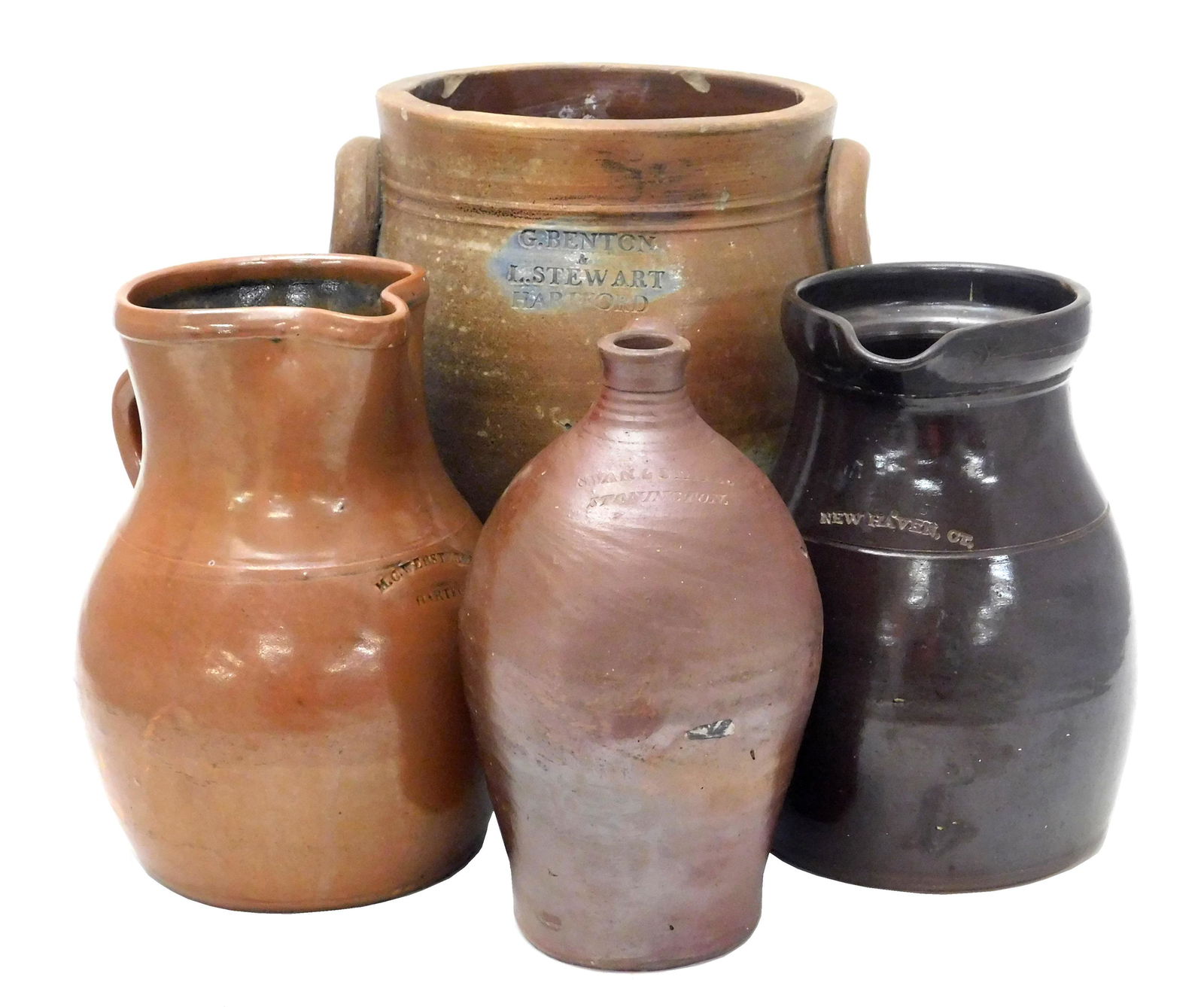 Set of Connecticut hand-made redware: one "MC Webster & Co. Hartford" batter pitcher, c. 1840-1857, (1 of 9)