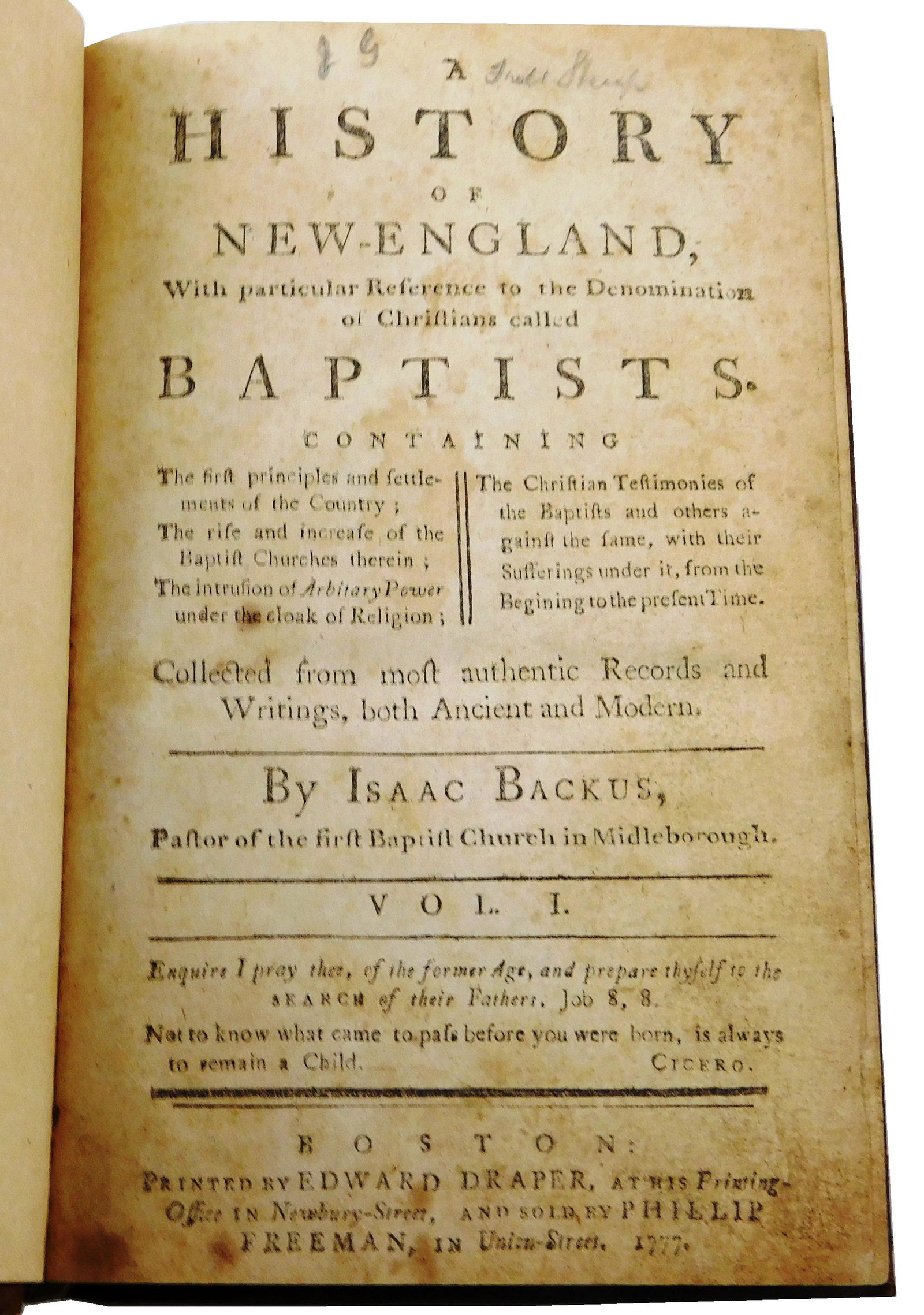 BOOKS: Backus, Isaac - one volume only of "A History of New England, with Particular Reference to (1 of 3)