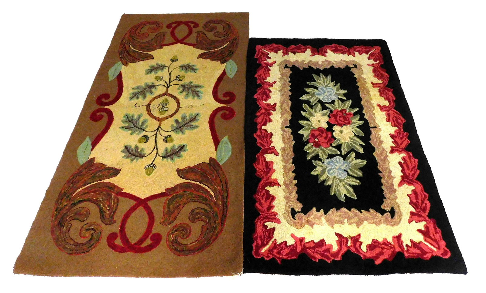 Two late 19th/early 20th C. hooked rugs, including: floral pattern hooked rug, with blue and red (1 of 5)