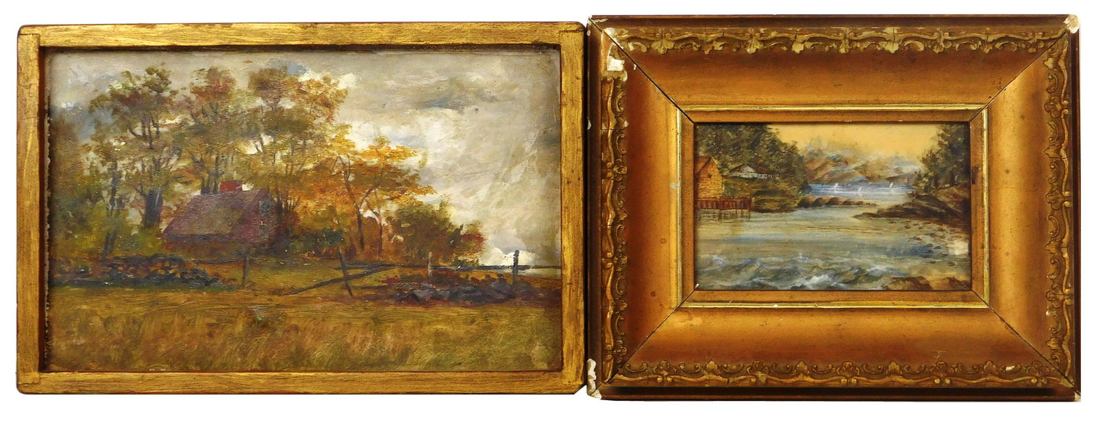 Two 19th C. landscapes, one is oil on board, featuring a farmstead with wooden fences, stone walls, (1 of 3)