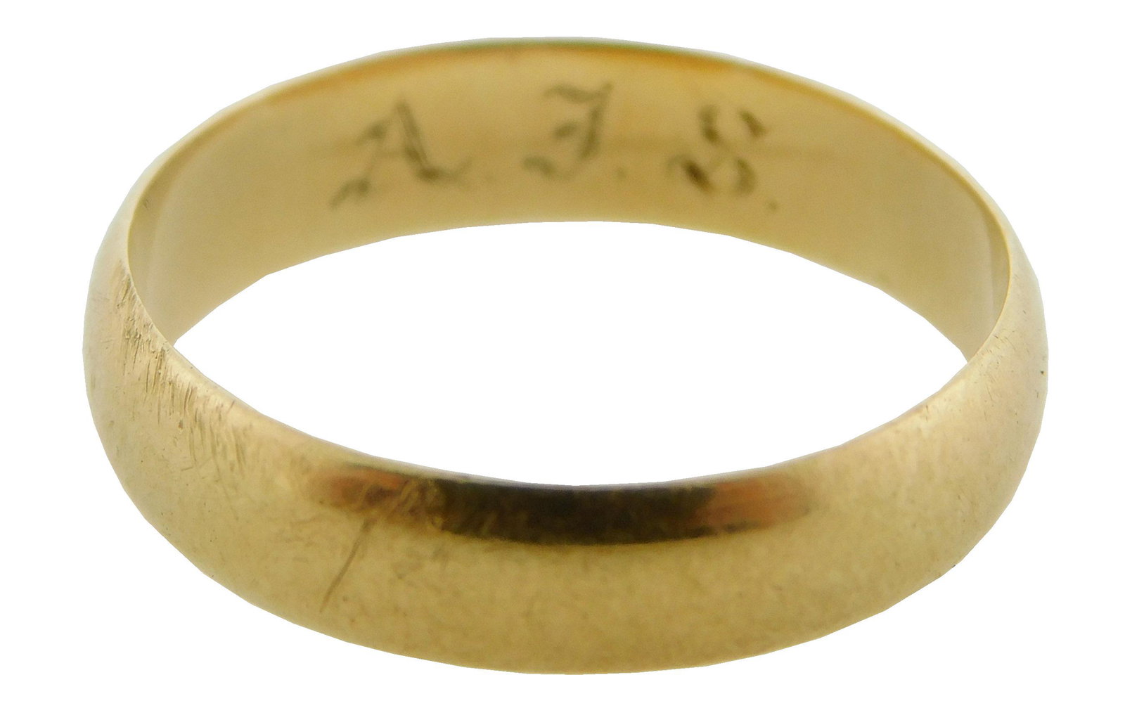 JEWELRY: 14k Gold wedding band, late 19th C., marked "18", yellow gold, engraved "A. I. S.",: JEWELRY: 14k Gold wedding band, late 19th C., marked "18", yellow gold, engraved "A. I. S.", approximately size 5 [WEIGHT: 2.2 g.] [VERBAL PROVENANCE: Owned by Private Albert I. Sands of Cambridge Mas