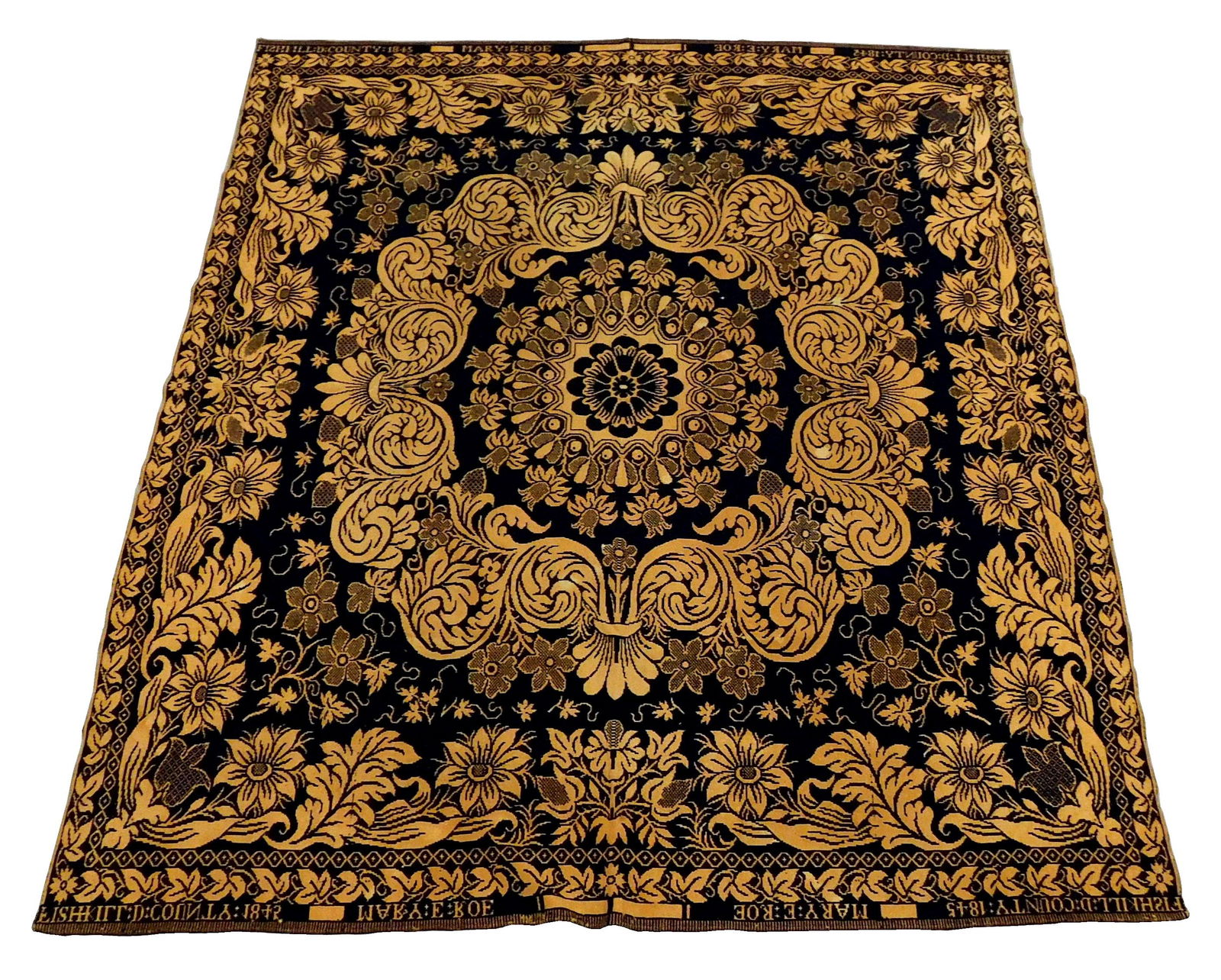 TEXTILE: Mid-19th C. navy and ecru woven coverlet, dated "1845" in border along with being signed (1 of 4)
