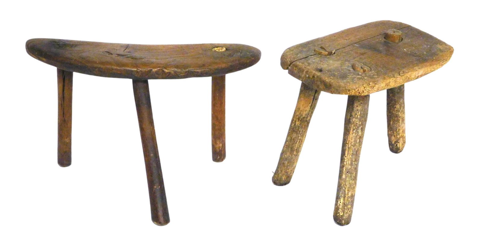 Two naive three legged wooden stools, including: a rectangular seated stool, early construction with (1 of 3)