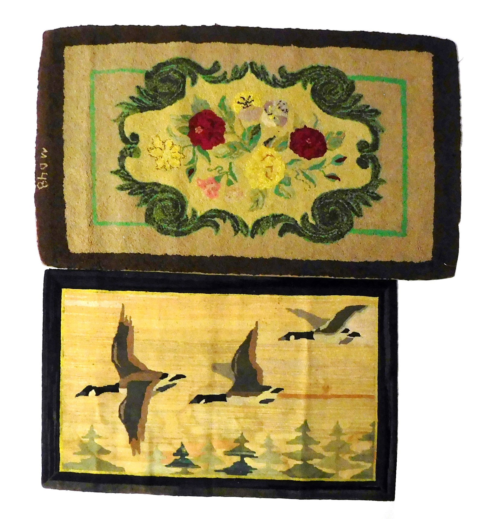 Two early-mid 20th C. hooked rugs, including: flying geese Grenfell mat, depicting three geese (1 of 5)