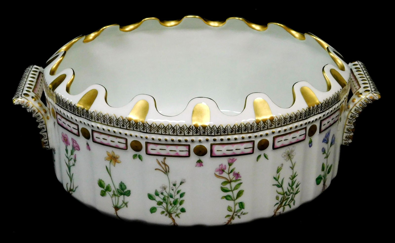 Royal Copenhagen "Flora Danica" centerpiece bowl, Danish, painted porcelain, gold trim and designs,: Royal Copenhagen "Flora Danica" centerpiece bowl, Danish, painted porcelain, gold trim and designs, inscribed on the bottom various flower species names in latin corresponding to the designs on the ex