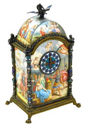 Viennese/ Austrian enamel and silver clock, 19th C., ornate gilded and enameled silver frame, domed