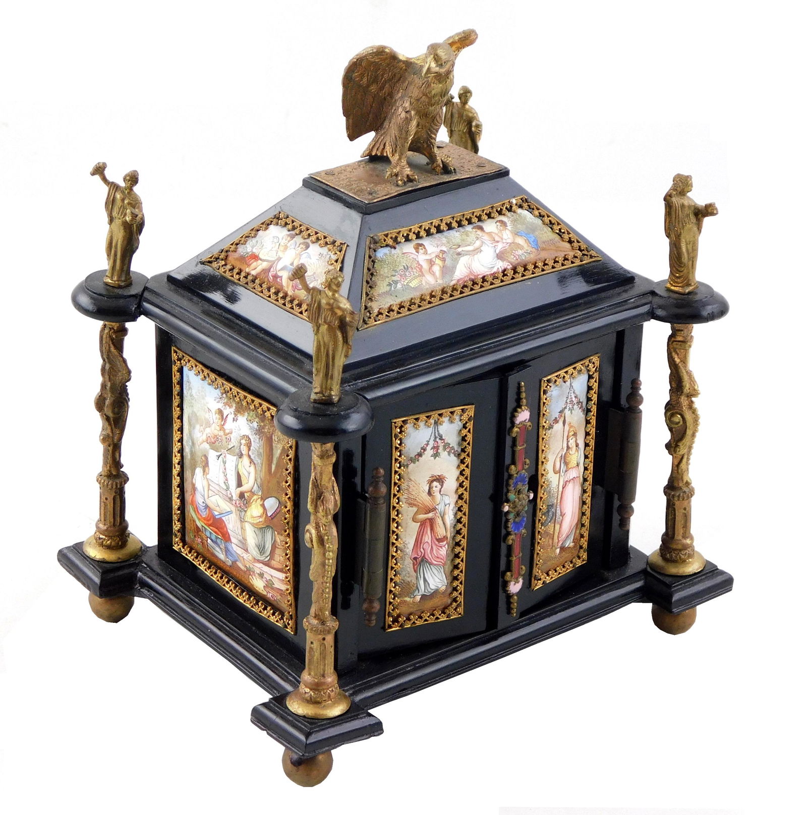 Viennese/ Austrian enamel jewelry chest/casket, 19th C., gilded bronze mounts on ebonized wooden (1 of 6)