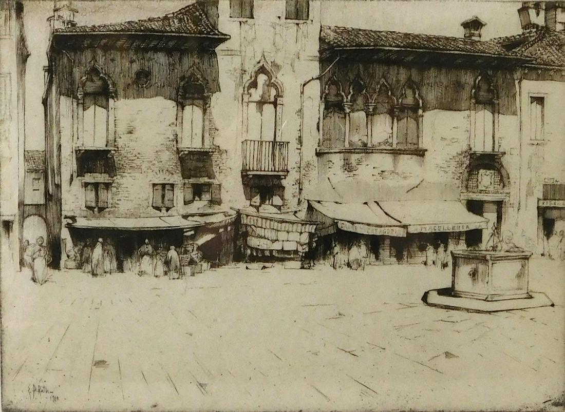 Ernest David Roth (American, 1879-1964), â€œCampo Margherita, Veniceâ€, 1913, etching, displaying a (1 of 4)