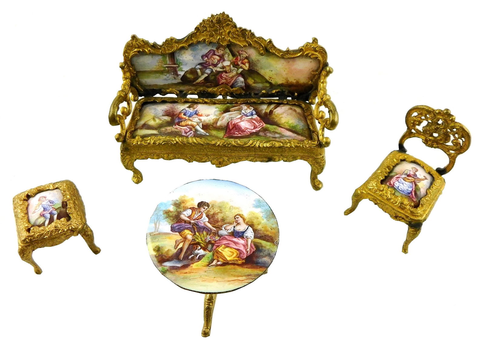 Viennese enameled miniature parlor suite, four pieces, late 19th C., pieces include: French style (1 of 5)