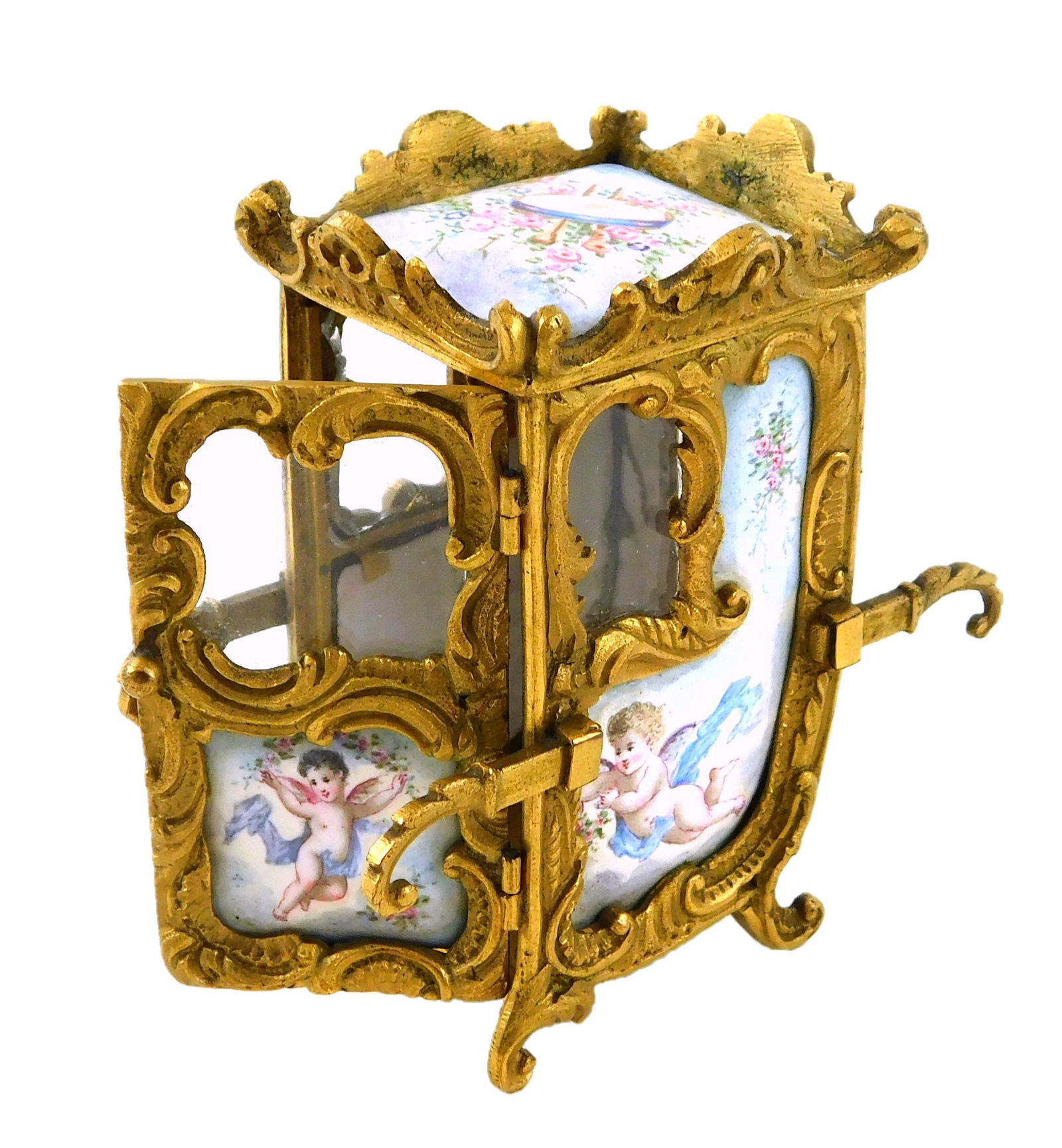 Viennese miniature hand-carried carriage, late 19th C., gilded cast metal, five mounted enamel (1 of 3)