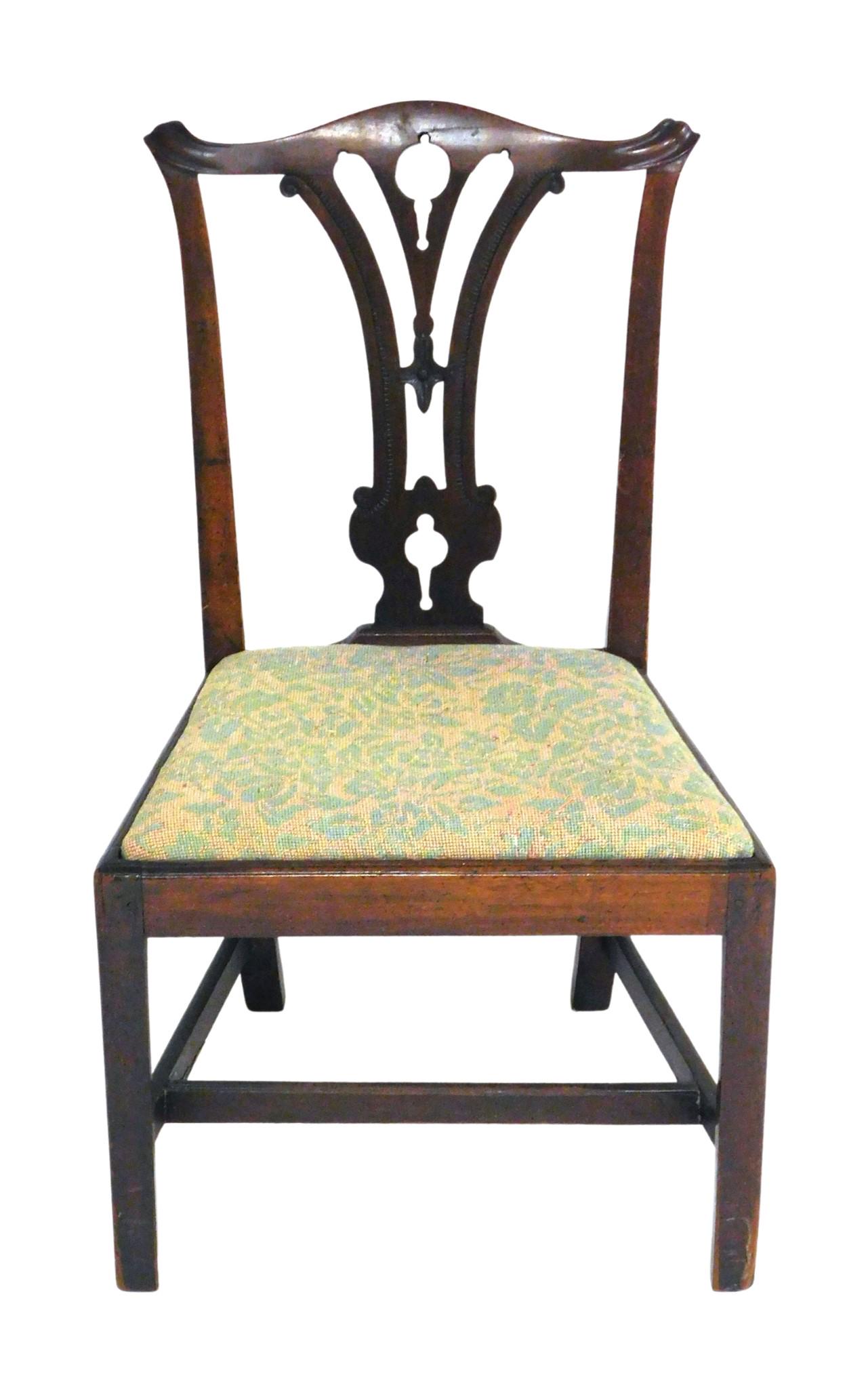 Late 18th C. side chair, American, pierced vertical splat, straight legs, carved ears, upholstered, (1 of 2)