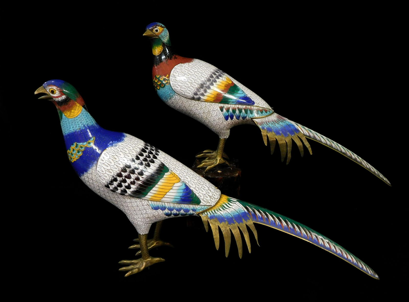 ASIAN: Pair CloisonnÃ© pheasants, Chinese, early to mid 20th C., each with brass beaks, tail and (1 of 3)