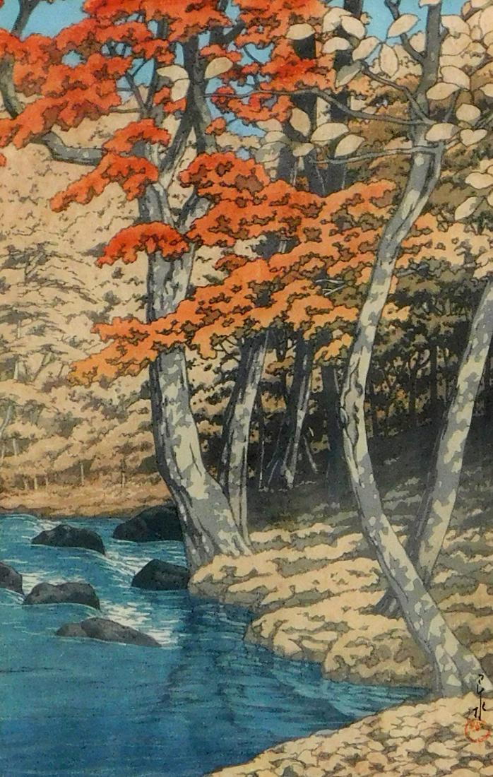 ASIAN: Hasui Kawase (Japanese, 1883 - 1957) "Autumn at Oirase" woodblock print, mid 20th C., from: ASIAN: Hasui Kawase (Japanese, 1883 - 1957) "Autumn at Oirase" woodblock print, mid 20th C., from the series 'Collected Views of Japan, Eastern Japan Edition', a rocky brook hugs the orange and yellow