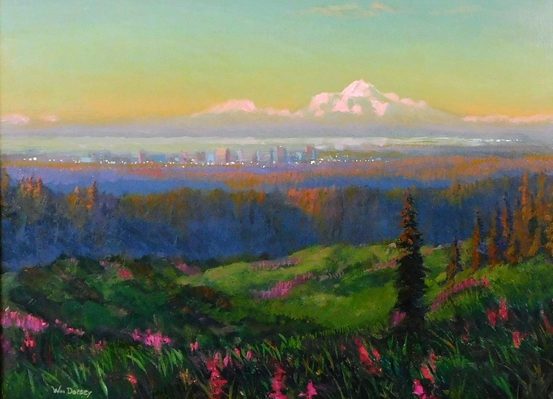 +William B. Dorsey (American, 1942-2019), "Anchorage Denali Sunset", late 20th C,, oil on masonite,: +William B. Dorsey (American, 1942-2019), "Anchorage Denali Sunset", late 20th C,, oil on masonite, prairie landscape of flowers and grass, with a mountain range and modern city (possibly Anchorage) i