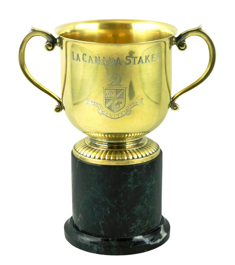 STERLING: Tiffany & Co. sterling silver horse racing trophy, c. 1981, gold-washed finish, "La Canada (1 of 6)