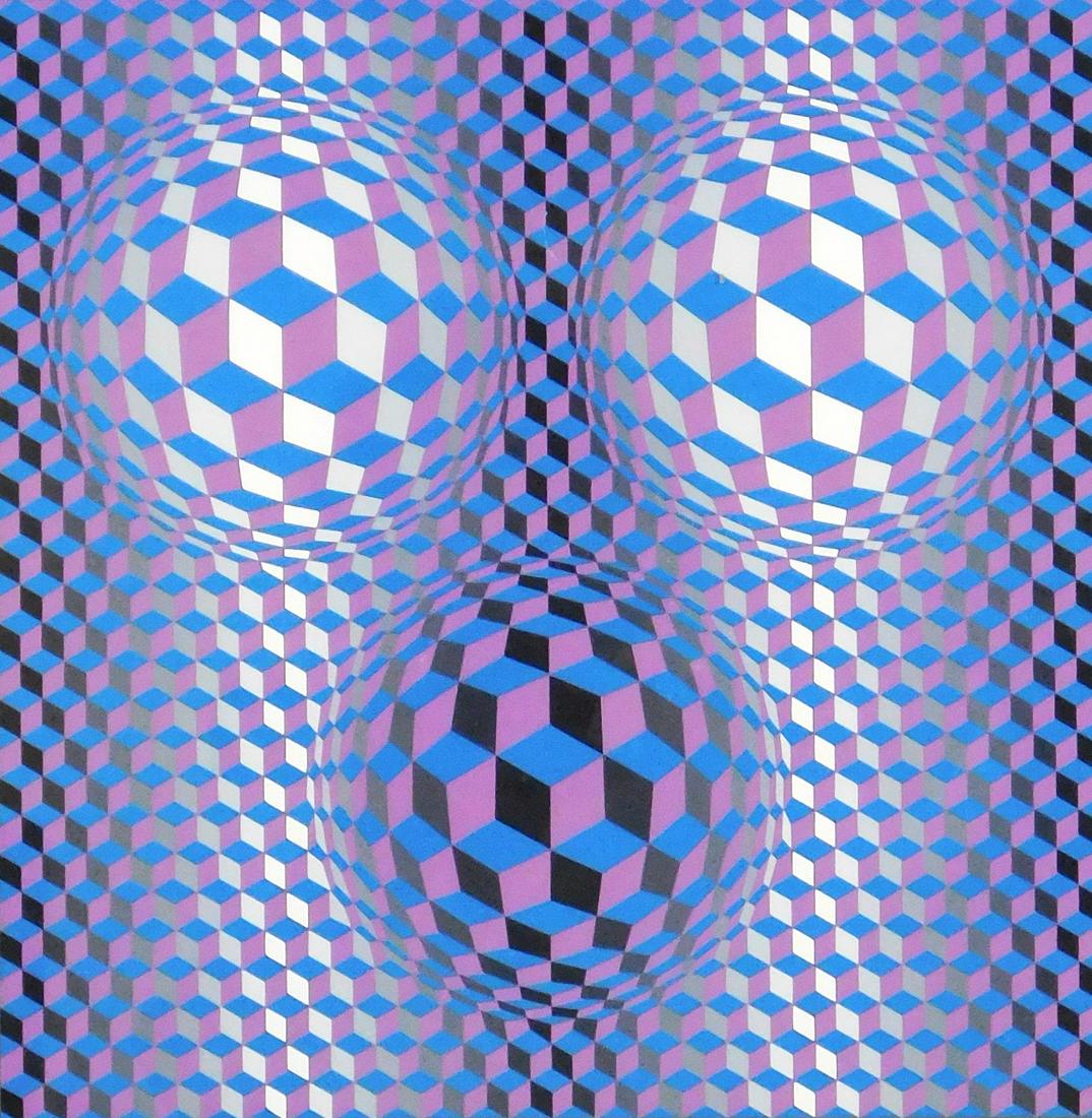 Victor Vasarely (Hungarian-French 1906 - 1997) geometric op art print, in colors of purple, silver, (1 of 4)