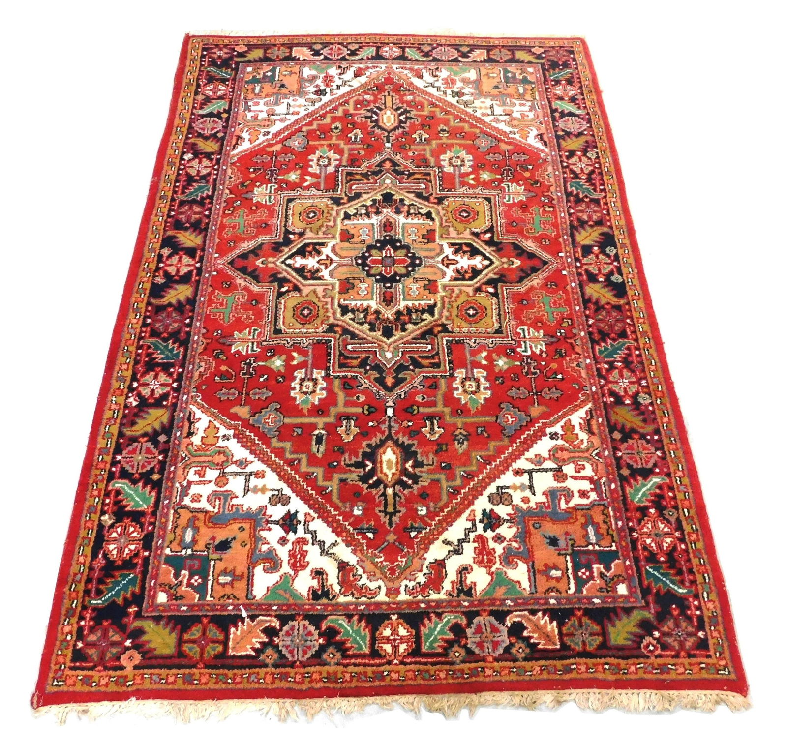 RUG: Indo-Heriz small carpet, 6' 6" x 9' 10", red field, main dark blue border, cream corners, . (1 of 4)