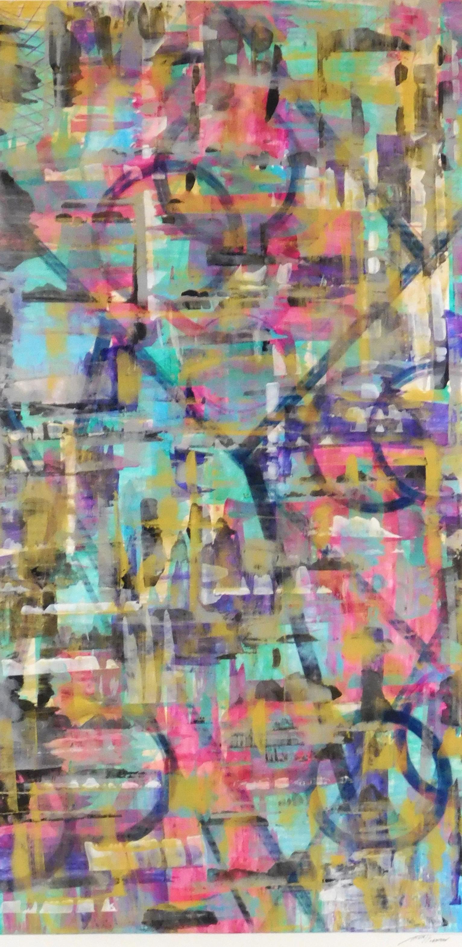 Morton Fishman (American, 1936 - 2018) "City Lights II" abstract watercolor/ gouache, in colors of (1 of 3)