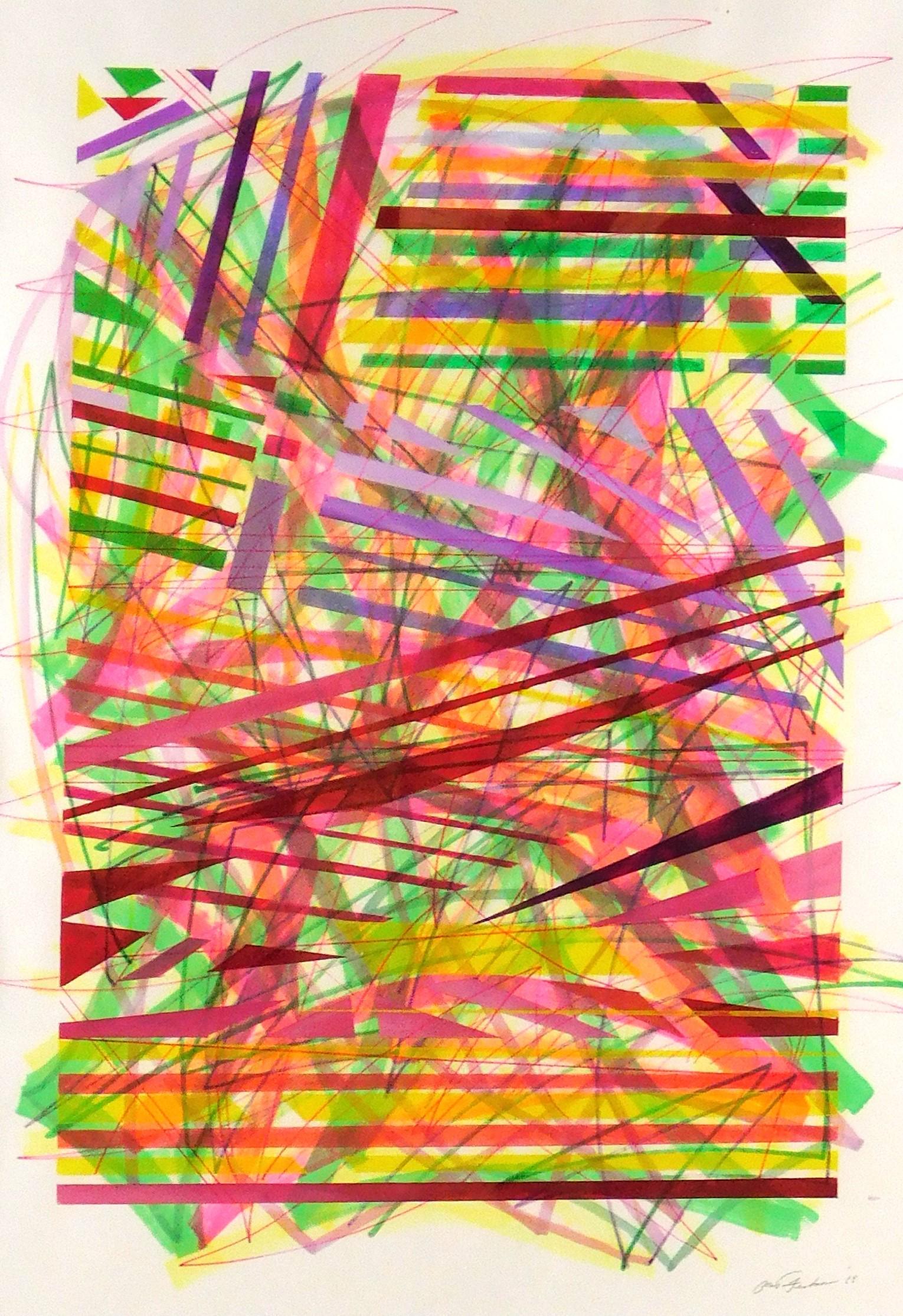 Morton Fishman (American, 1936 - 2018) abstract mixed media in geometric shapes, with pink, green, (1 of 3)