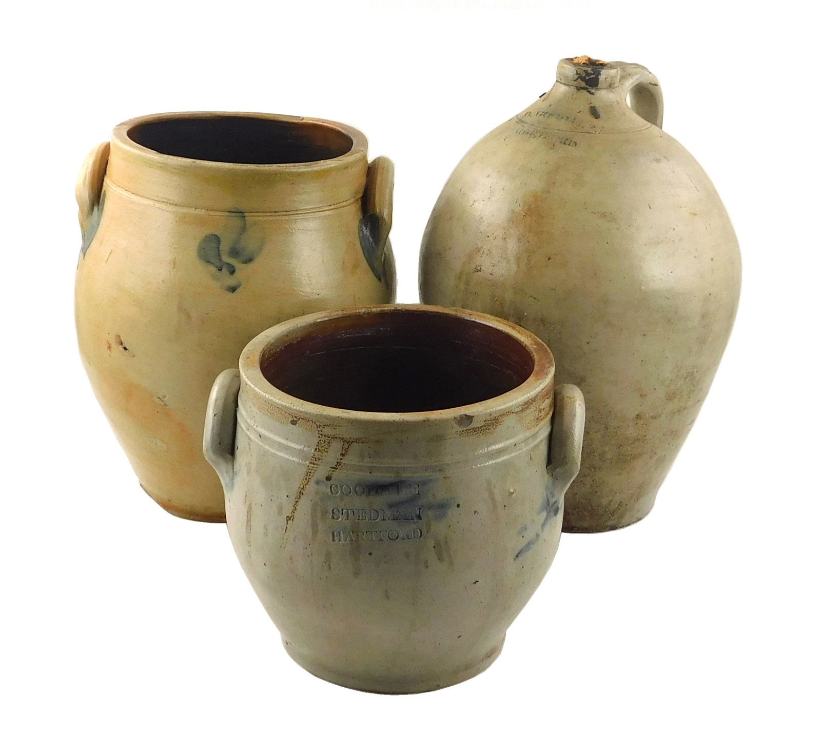 Set of three traditional American salt glazed stoneware: one is a large "D. Goodale, Hartford" ovoid (1 of 5)