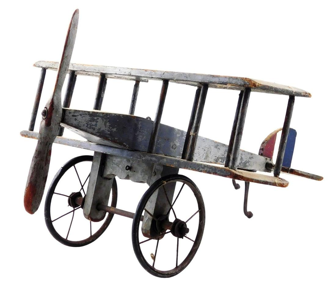 Early wooden toy airplane with original painted finish, early to mid 20th C., French and English (1 of 4)