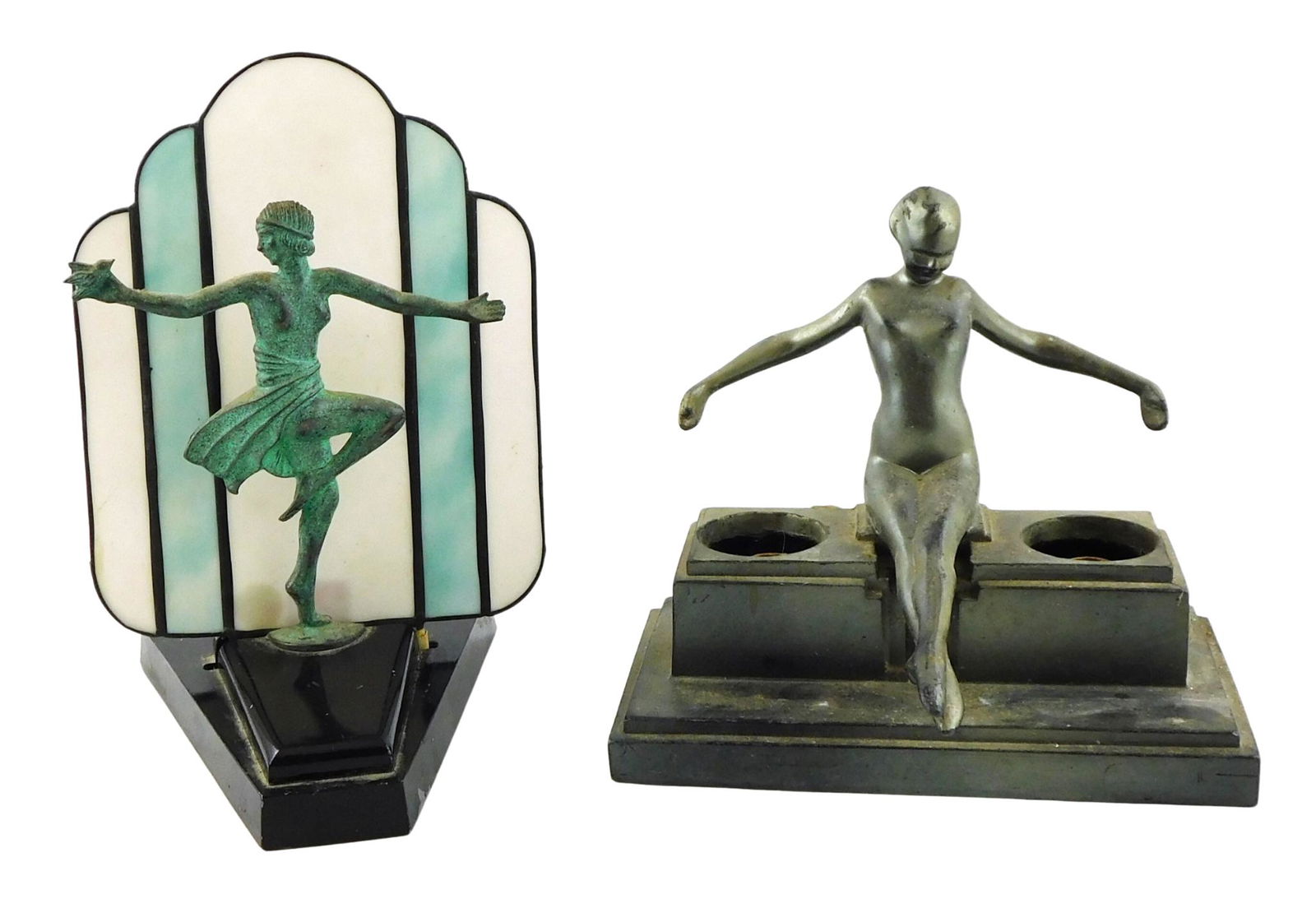 LAMPS: Two Art Deco lamps, including a Loevsky & Loevsky flapper girl desk lamp, stepped metal base: LAMPS: Two Art Deco lamps, including a Loevsky & Loevsky flapper girl desk lamp, stepped metal base with cast metal dancing figure, leaded glass fan shaped back plate marked on back of dancer "L&L WMC