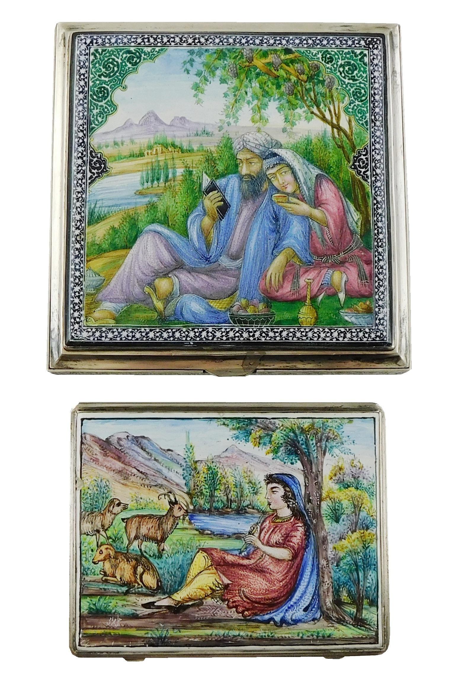 Two enamel and silver/silver metal objects, Middle Eastern, 20th C., including a Persian hallmarked (1 of 4)