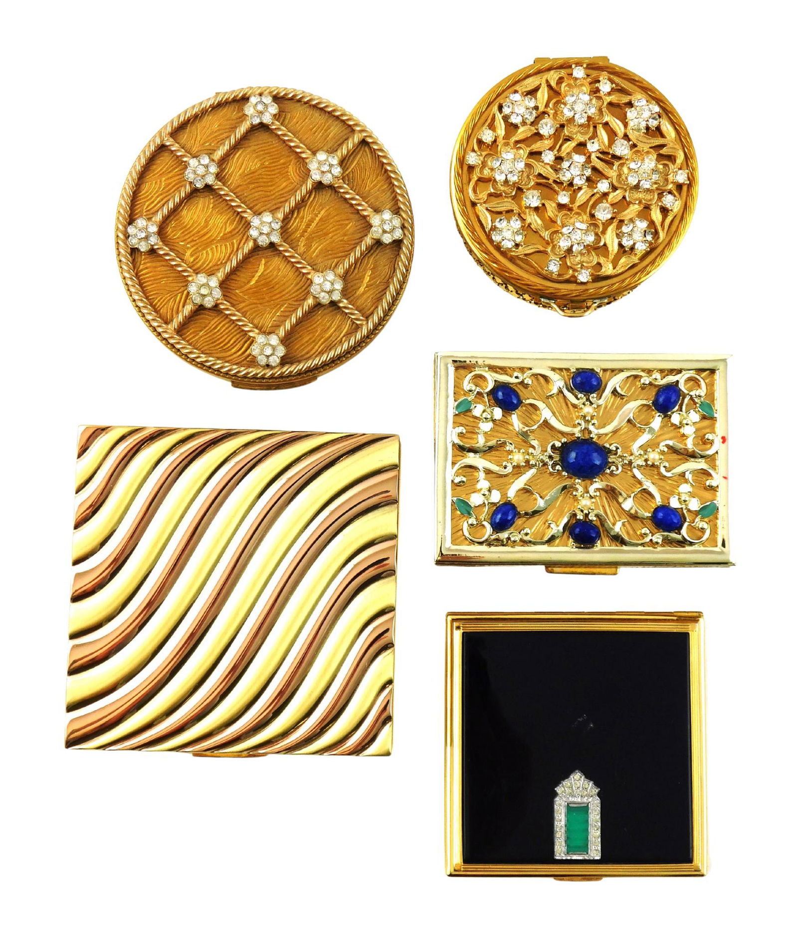 Five vintage Evan's decorative compacts, Art Deco and ornate styling, gold-tone and mixed metal (1 of 3)