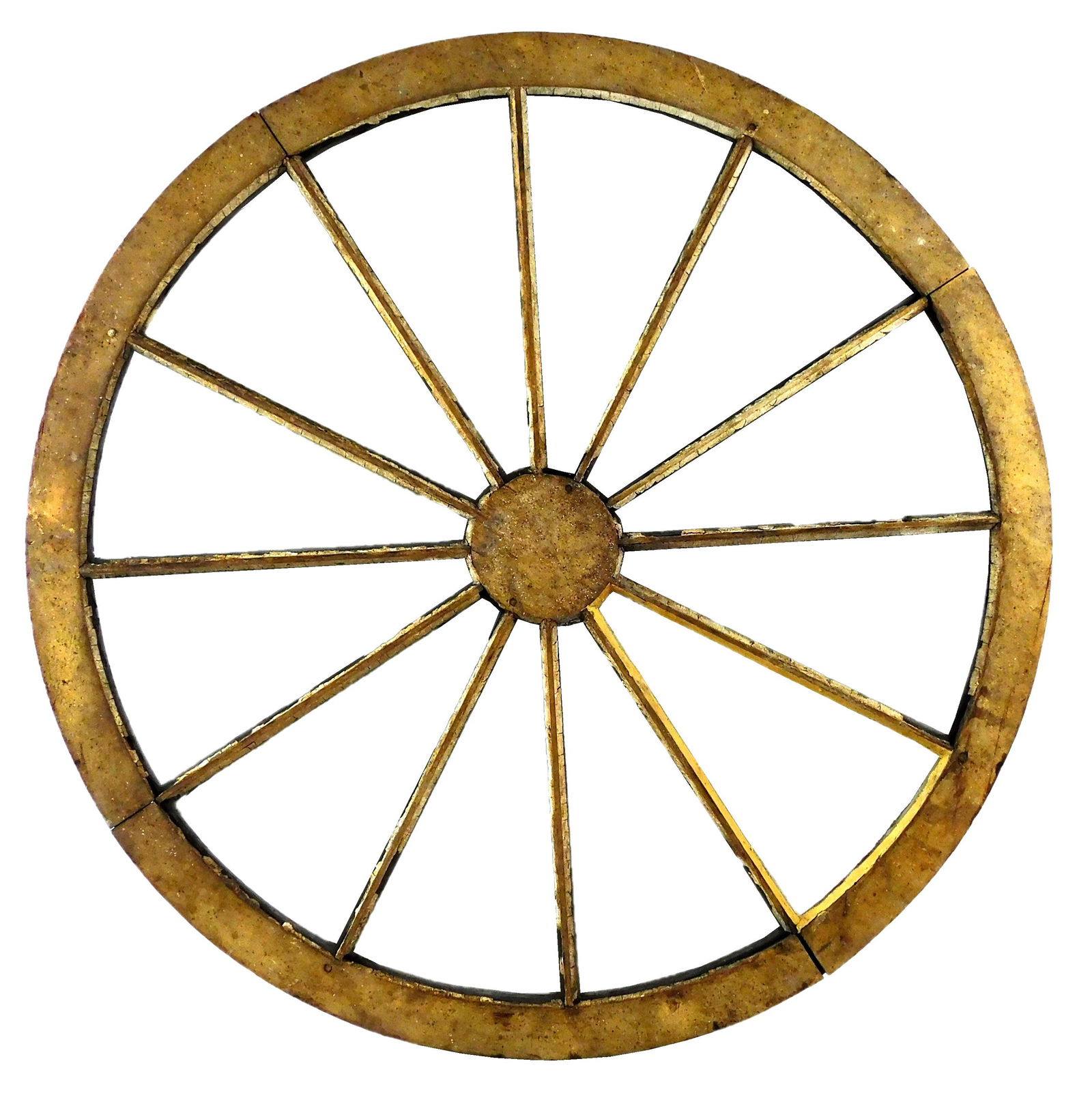 Decorative late 19th C. wagon wheel, the wheel is handmade from wood, and has been painted black, (1 of 3)