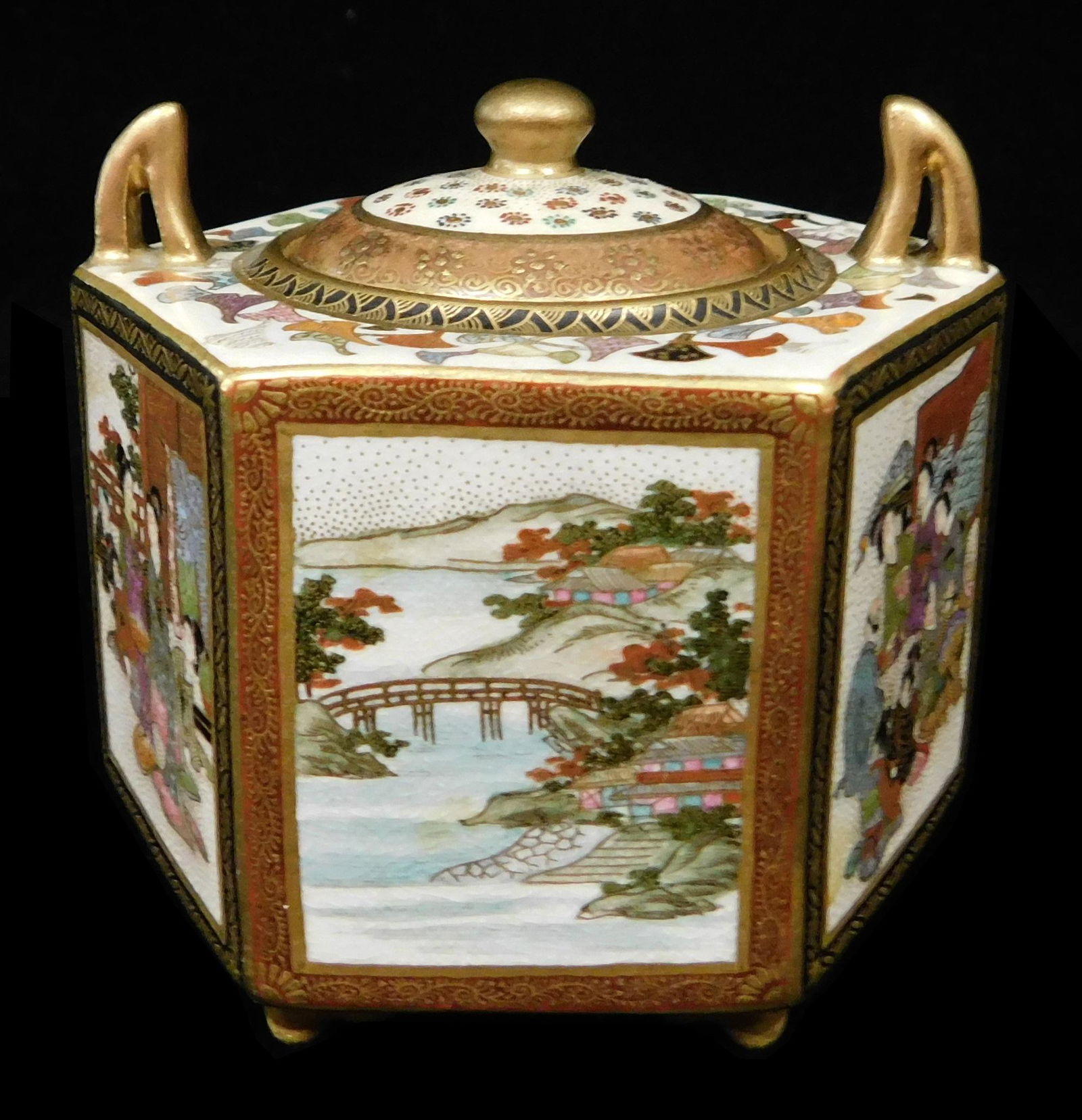 ASIAN: Satsuma earthenware covered jar, Japanese, late 19th/early 20th C., hexagonal with two open (1 of 4)