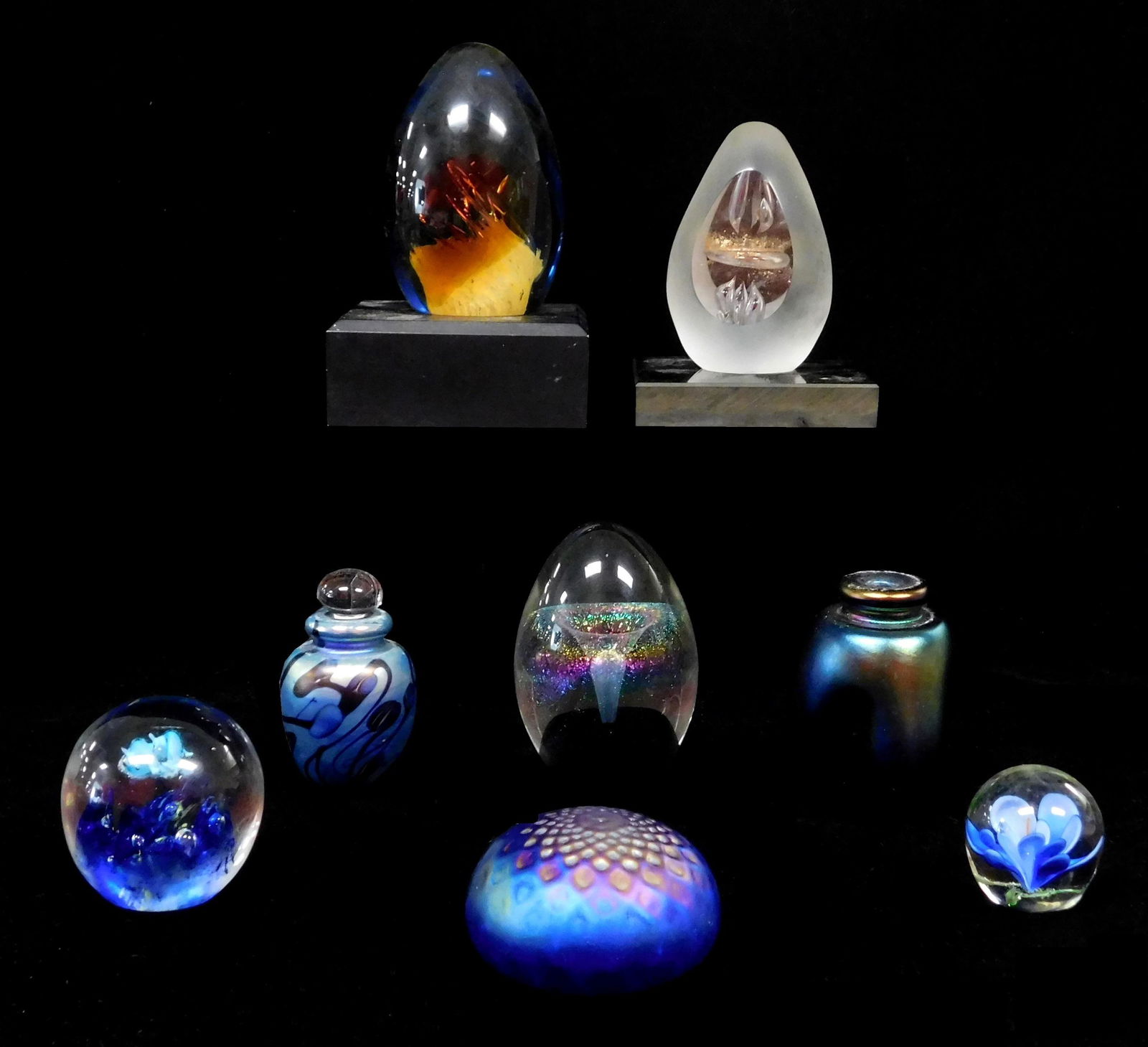 GLASS: Eight art glass items including six paperweights, one egg form signed Eickholt 1987, one sea (1 of 4)
