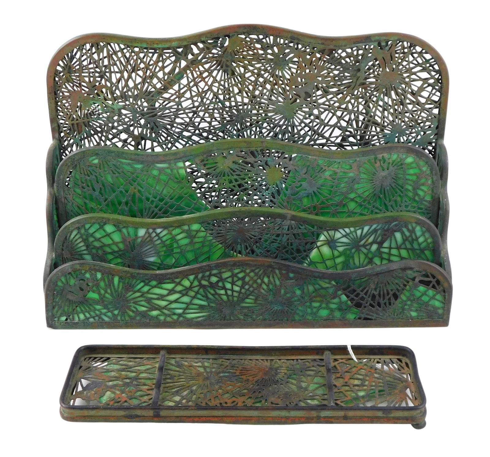 Tiffany Studios desk set, two pieces in Pine Needle pattern, early 20th C., bronze with green slag (1 of 8)