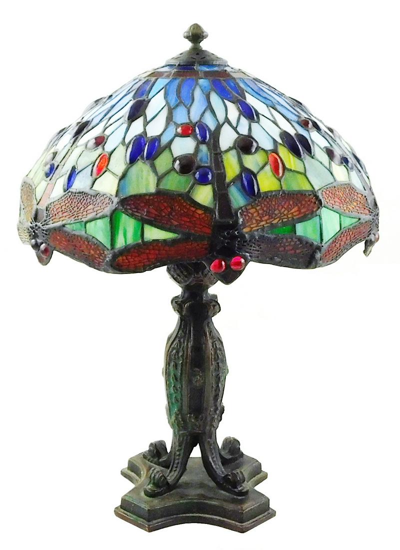 LAMP: Tiffany style "Dragonfly" table lamp, 20th C., leaded glass shade with dragonfly motif and (1 of 5)