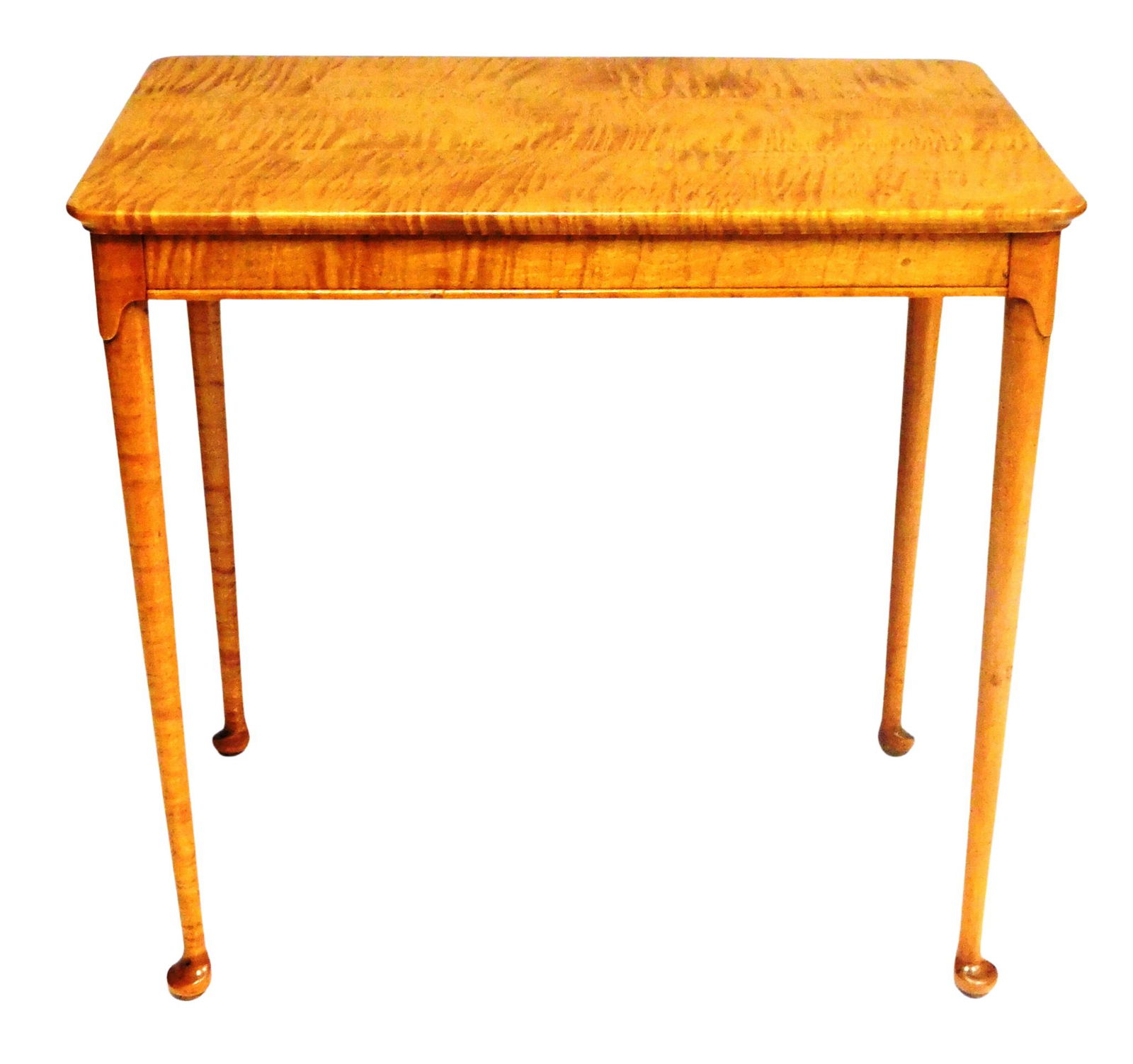 Tiger maple oblong tea table, Queen Anne style, straight tapered columnar legs ending in pad feet, w (1 of 4)