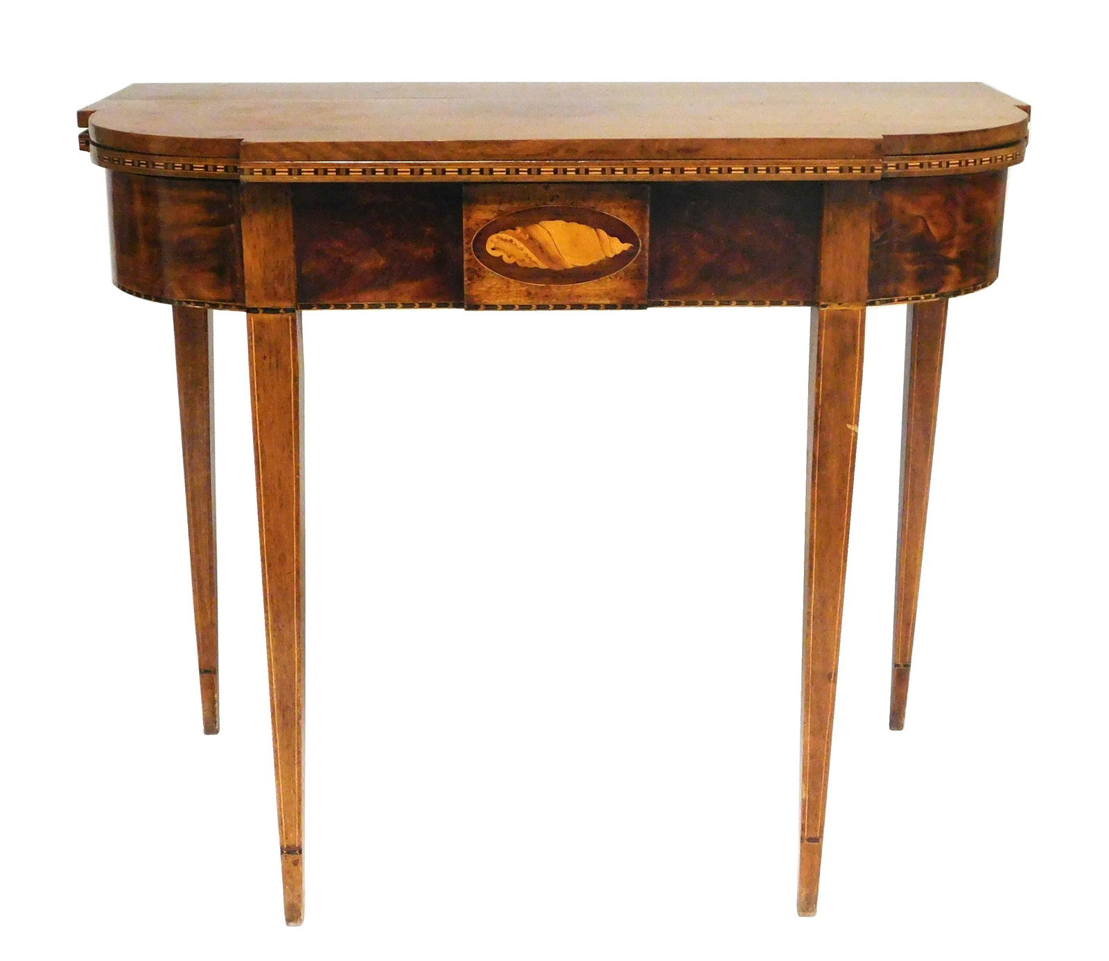 19th C. Federal style card table, ovolo corners, shell inlay, tapered legs, wear consistent with age (1 of 8)