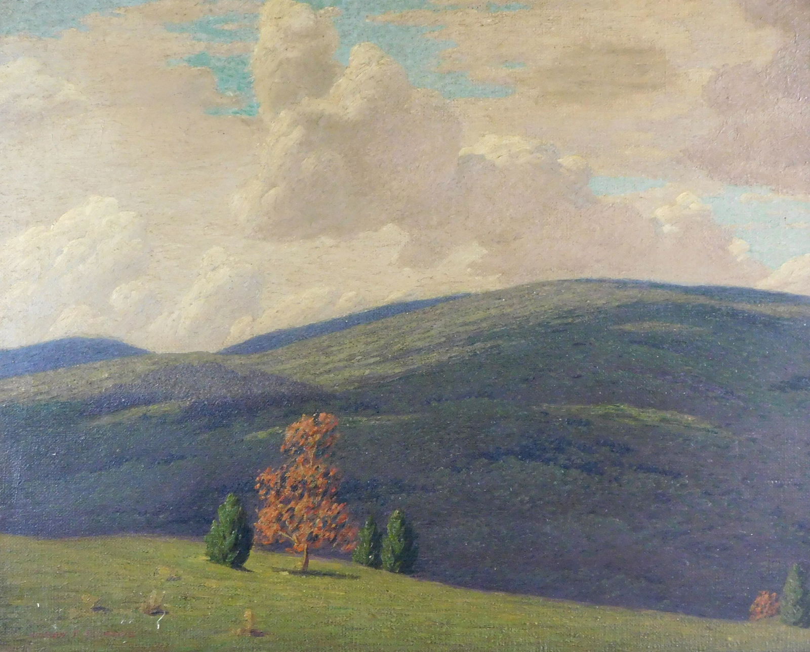 Andrew Thomas Schwartz ( American, 1867 - 1942), oil on canvas landscape laid down on masonite,: Andrew Thomas Schwartz ( American, 1867 - 1942), oil on canvas landscape laid down on masonite, rolling green hills with a small cluster of tree, one being orange, signed lower left, framed, wear cons