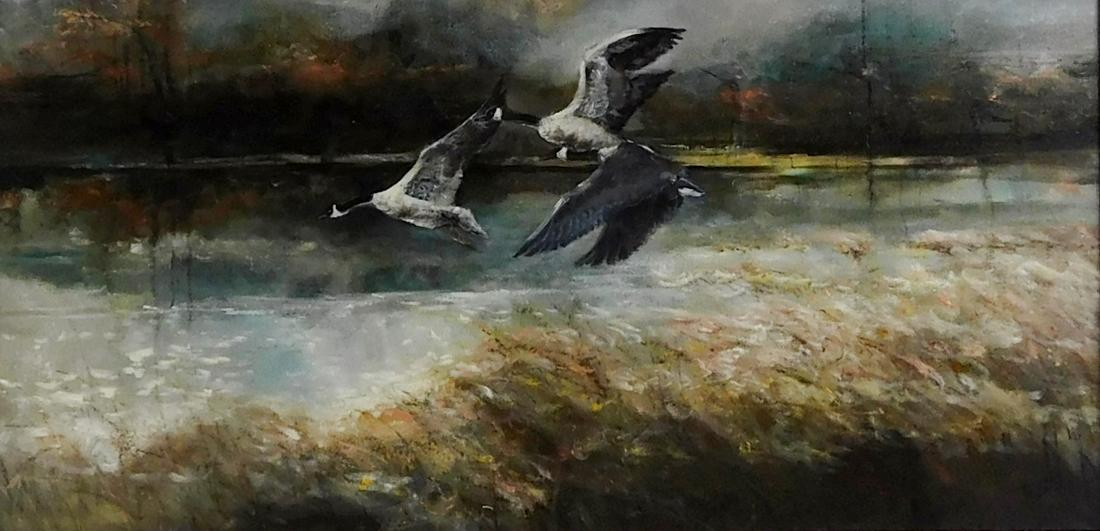 Ruth Rumney (American, 20th C), oil on canvas, depicting three geese in flight over a pond, signed (1 of 3)