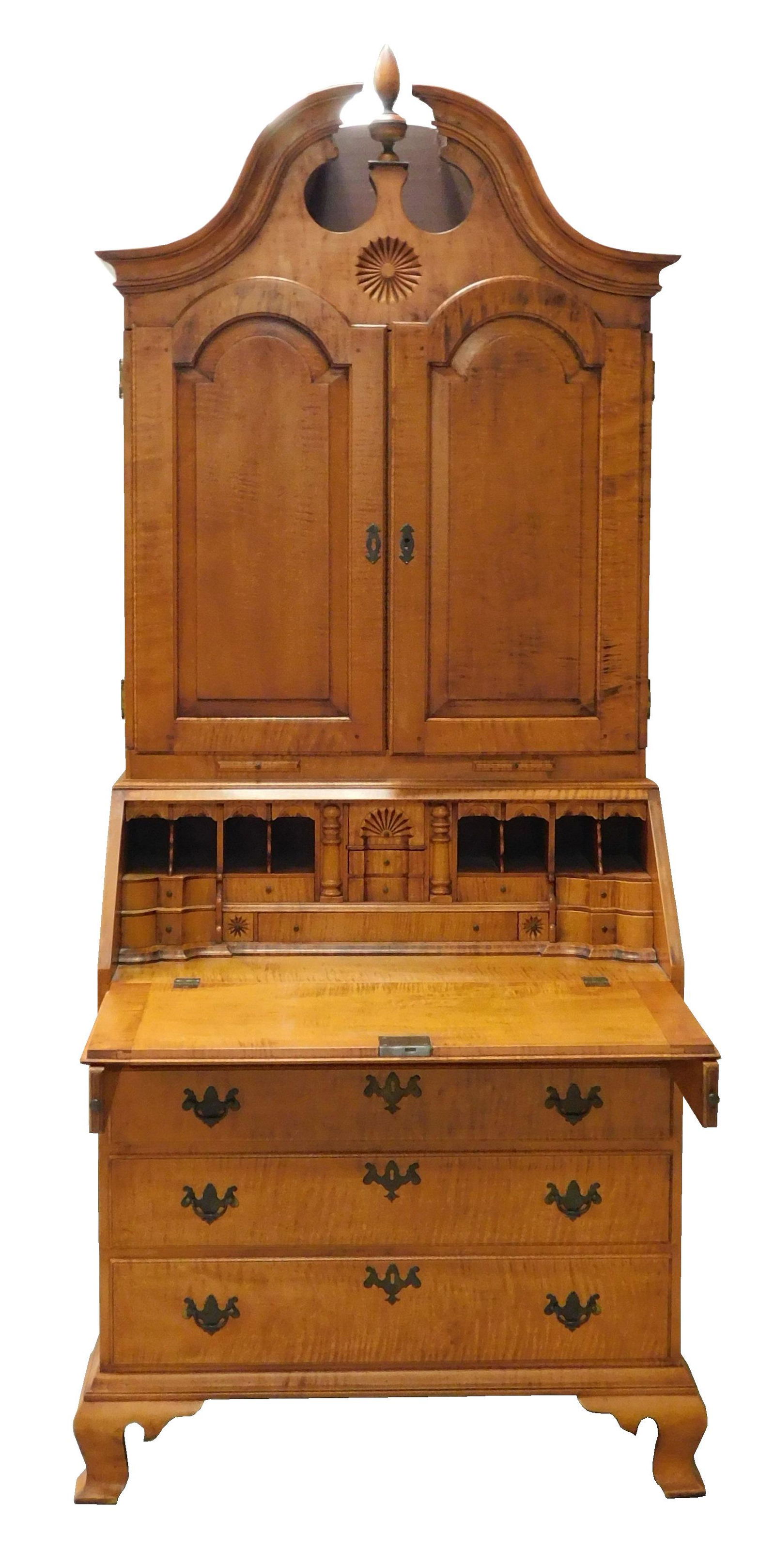 Eldred Wheeler tiger maple bonnet top secretary desk, Massachusetts, 20th C., Queen Anne style with (1 of 4)